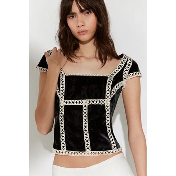 Free People Tops - Free People Black Velvet Corset Top Lattice Crochet Trim Cap Sleeve OB2412775 M